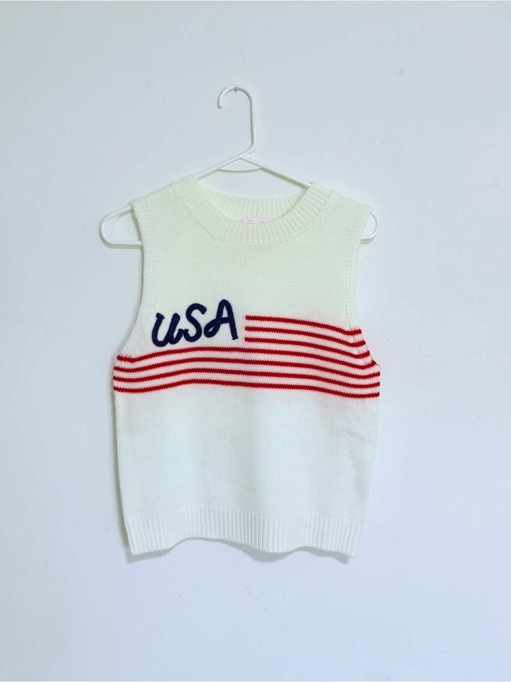 Pink Lily Cream Tank Sweater with Red Stripes & Navy 'USA'
